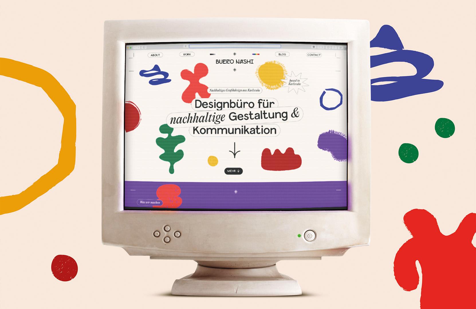Dies ist ein Bild von einem Computer-Bildschirm auf dem die Landingpage des Designbüros BUERO NASHI zu sehen ist. Die Gestaltung besteht auf bunten organischen Formen und der Schrift "Designbüro für nachhaltige Gestaltung & Kommunikation"